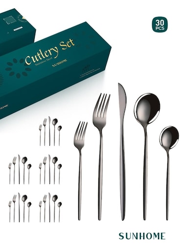 30-Piece Stainless Steel Cutlery Set Kitchen Utensil Set Western Tableware Suitable For Home Kitchen Restaurant Hotel Party Dining Picnic Dining Exquisite Packaging Gift Black