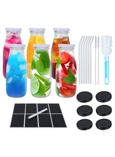 6Pack 12oz Glass Milk Bottles with Airtight Lids &acirc;&euro;&ldquo; Reusable Bottles for Juices, Smoothies, Water, and Cold Beverages &acirc;&euro;&ldquo; Includes Glass Straws, Labels &amp; Cleaning Brushes