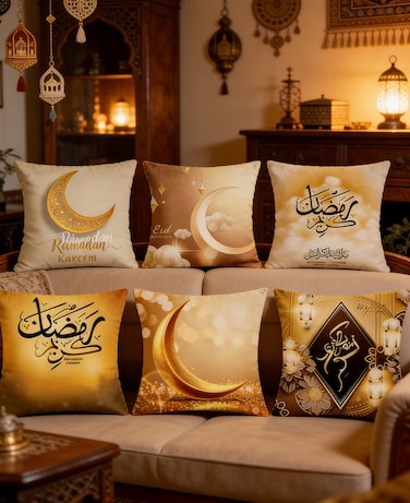 Ramadan Pillow Covers, 6Pcs Ramadan Cushion Covers, Ramadan Moon Lantern Patterns Pillow Cases for Home Decorations(45*45CM)
