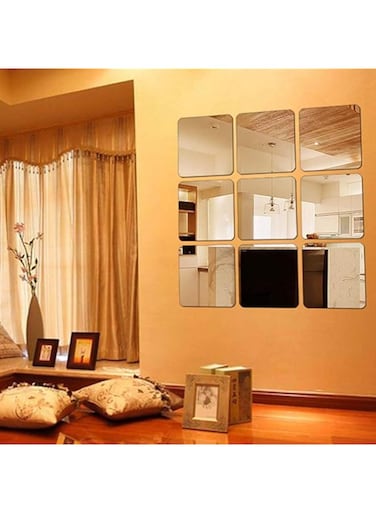 9 Pieces Square Mirror Tile Wall Stickers Set Mosaic Wall Paper Bathroom Decoration