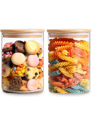 Glass Food Storage Jars 28 oz Set of 2, Glass Jars with Bamboo Lids for Kitchen Clear Glass Storage Containers with Lids, Pantry Organization Jar for Serving Tea, Coffee, Flour, Cookie, Spice