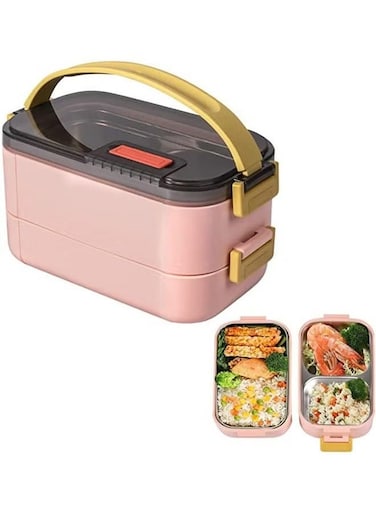 Bento Lunch Box for Adults &amp; Kids, Reusable Stainless Steel Handheld Portable 2 Layers Meal Box, 1200ml Leakproof Food Storage Containers, Microwave Dishwasher Safe - Pink