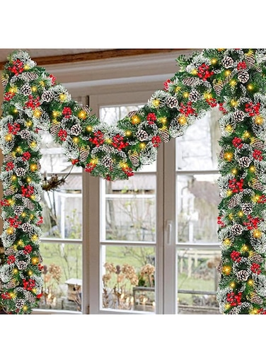 Pomefar Christmas Garland, 8.8Ft Christmas Decorations with 50LED Lights Pine Cone Red Berries, Christmas Decorations Fireplace, Christmas Wreath for Home