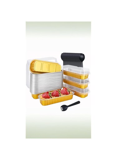 Sweet seven Convenient 50-Pack Disposable Baking Tins with Lids and Spoons - 6.8oz Aluminum Pans for Mini Brownies, Muffins, and Loaves - Gold Finish - Bake and Store with Ease!