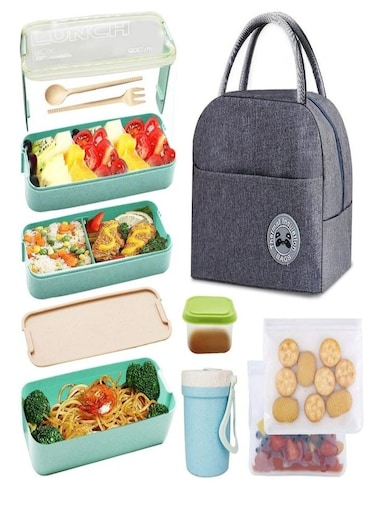 Bento Box Kit, Japanese Lunch Box 3 in 1 Compartment, Leakproof 3 Layer Lunch Container for Kids and Adults