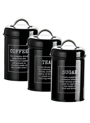 Set of 3 Airtight Kitchen Canister Decorations with Lids, Coffee, Tea, Sugar Metal Containers, Decorative Nesting Jars, Food Storage (Black)