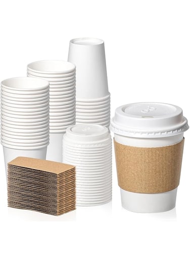 Fit Meal Prep 50 Pack 8 oz Disposable Coffee Cups with Lids, Sleeves, Leak-Proof To Go Coffee Cups with Lids, Durable Hot Paper Cups for Home, Office, Party, Business