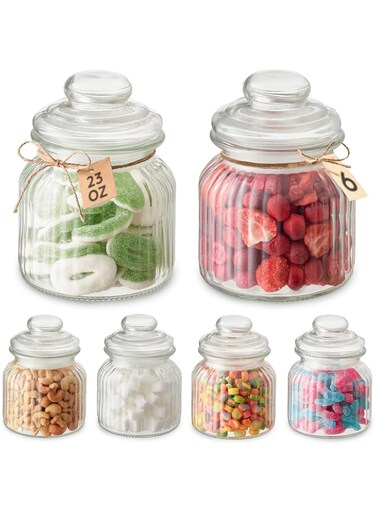 Praknu Glass Candy Boxes 700 ml &ndash; 6 Vintage Airtight Candy Boxes with Lids and Labels &ndash; for Sweets &amp; Biscuits