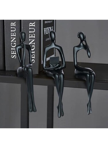 3Pcs Black Thinker Statue Abstract Art Sculpture Decorations Reading Women Figurine Modern Sitting Shelf Decor for Home Decor Living Room Bookshelf Coffee Table Desktop Office Decoration (black)