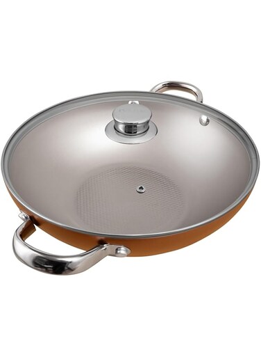 Prestige Ultra 28cm Non Stick Kadai with Glass Lid and Complimentary Pan Holder   Induction-Based Wok Pan with Lid   Triple Layered Non-Stick Coated Wok
