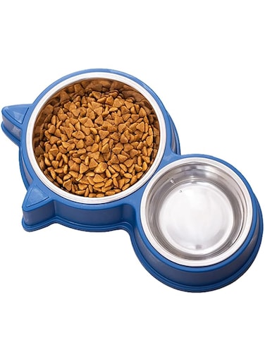 Okbuynow Double Dog Cat Bowls Durable Stainless Steel Pet Bowl With No-Slip Cute Modeling Food Water Feeder For Puppy Medium Pets Dogs Cats Blue, Petbowl01-Bl