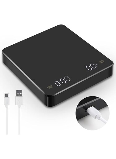 Baeskii Digital Coffee Scale with Timer, Rechargeable Drip Espresso Scale 3kg/0.1g High Precision, Kitchen Scale with 3 Units, Tare, Auto Off, g/oz/ml, Black