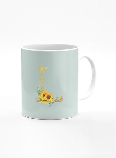 Designer Printed Coffee Mug 11oz Ceramic Personalised Gift Mugs Cup Custom Monogram Initial Letter Mandala Floral Pattern Alphabet L (Light Green)