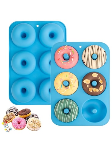 Khazna Silicone Donut Mold for 6 Doughnuts, Set of 2. Food Grade LFGB Silicone Bagels Baking Pan, Non-Stick, Dishwasher Safe, Heat Resistant and Microwave Safe(Blue)