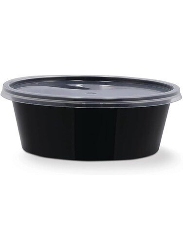Packwell Black Base Round Shaped Microwave Container with Clear Lid 500-Pieces, 250 ml Capacity, Black/Clear