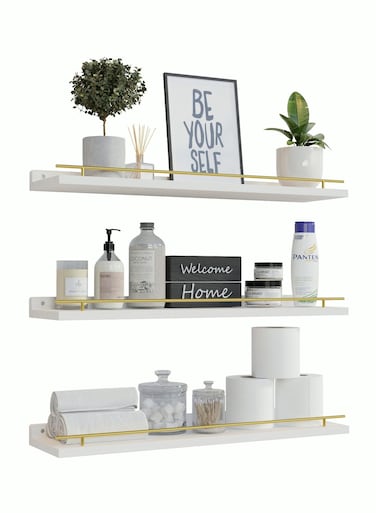 Floating Shelves with Gold Metal Guardrail Shelves for Wall Decor Set of 4 Wall Shelves for Bedroom Bathroom Kitchen Living Room Plants Picture Frames Art- White and Gold