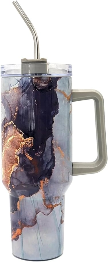 Mobcos Printed Insulated Travel Tumbler 1200ml   Stainless Steel Vacuum Flask with Handle, Straw &amp; Leakproof Lid   Reusable Coffee Mug   Water Bottle   Grey