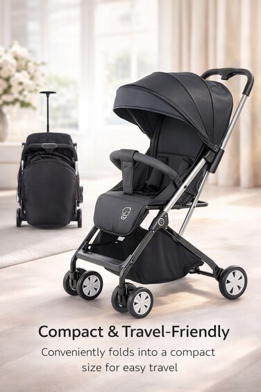 Kikibebe Lightweight Cabin Travel Stroller &ndash; Baby Toddler Pushchair with Trolley Handle, Waterproof &ndash; Black
