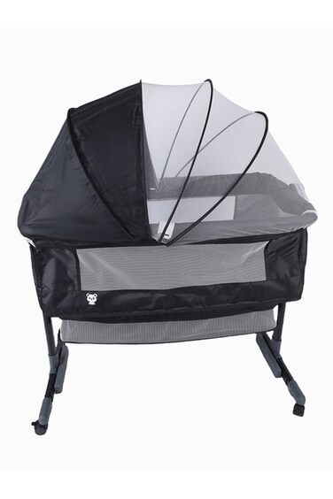 Kikibebe 3-In-1 Baby Bedside Crib &ndash; Portable, Adjustable With Storage Basket, Mosquito Net &amp; Breathable Mattress &ndash; Dark Grey