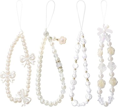 4 pcs Phone Charm, Beaded Phone Bracelet Strap, White Pearl Bow Cell Phone Charms, Cute Phone Charm