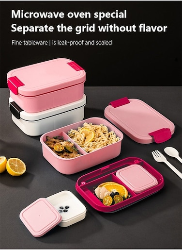 2 Layer Lunch Box - Large Capacity, Portable, Leak-Proof, Microwaveable, Suitable for Children and Office Workers (Pink)