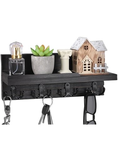 WeBravery Decorative Key Hanging Rack with 4 Double Hooks &ndash; Easy Install Natural Wooden Key and Mail Holder for Wall Mount &ndash; Entryway Decor Rack with Shelf (Carbon Black)