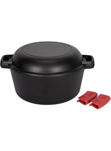 2-in-1 Pre-Treatment Enamel Cast Iron Dutch Pan with Lid Dual Handle Cast Iron Skillet Cookware Pan Set with Frying Pan Lid Cooking Pan, Dutch Pan for Bread Baking, 5 Quarts, Black