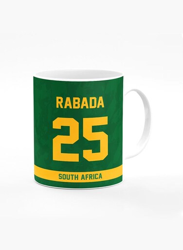 Designer Printed Coffee Mug with Heavy Duty Handle 11oz Ceramic Personalised Gift Mugs Cup [Microwave Safe &amp; Dishwasher Proof ] - Cricket Player - Kagiso Rabada, Jersey Number - 25