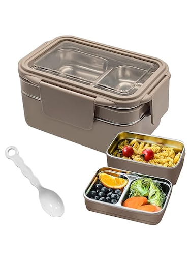 UCHUANG Bento Lunch Box for Adults &amp; kids, Reusable Stainless Steel Meal Box, Leakproof Food Storage Containers with 2 Layers Divders,Suitable Freezer Dishwasher,Healthy Lunches &amp; Snacks - Khaki