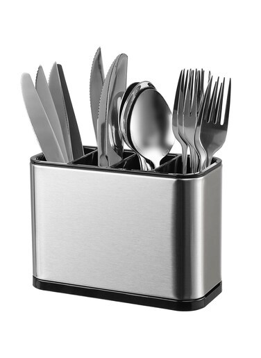 4 Compartments Large Stainless Steel Cooking Utensil Holder Rust Proof Utensil Crock Caddy with Anti Skid Foot Drainer Cutlery Organizer Kitchen Rack Basket Spoon Fork Chopsticks Knife Storage Stand