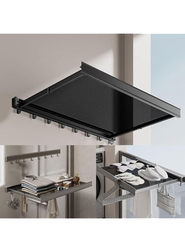 Wall Mounted Shelf for Hanging Drying Clothes, Retractable Space Saving Wall Shelf, Foldable Bathroom Rack with 8 Hooks for Towels Bathrobe Shampoo, Mesh Clothes Drying Rack for Balcony Laundry Room