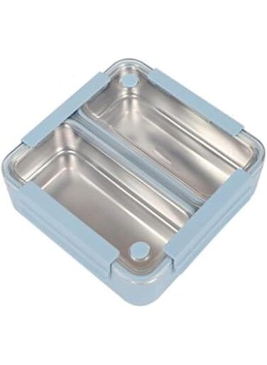 BrainGiggles 2 Compartments Stainless Steel Bento Lunch Box with Removable Inner Tray - Leak Proof Lunch Box for Kids, Adults - Multifunctional Air Tight Food Container (Blue)
