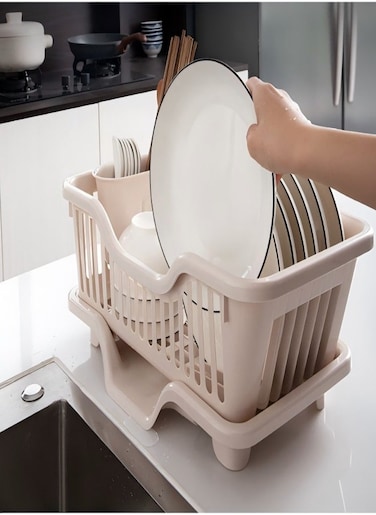 Kitchen Plastic Bowl Rack, Dish Drainer Rack - Apricot [Center Drain]
