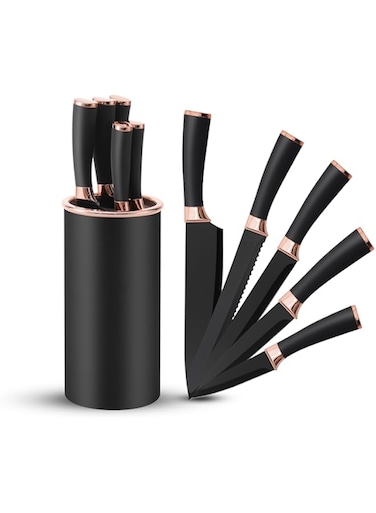 Haus Roland 6 pieces Black and Rose Gold Knife Set, Extra Sharp Stainless Steel Blade with PP Handle, Non-Slip Chef Knives with Block, Suitable for Home and Restaurants