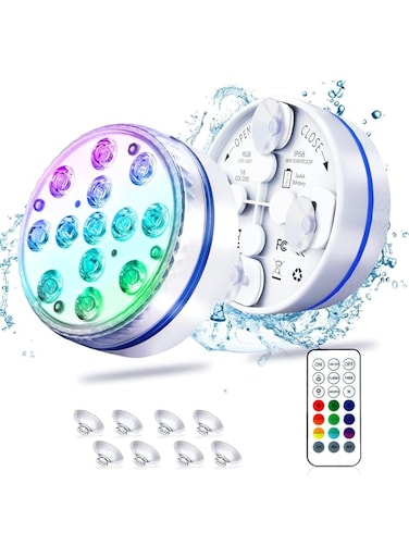 Joyzzz Submersible Led Pool Lights, Submersible Led Lights with Remote (200ft),IP68 Waterproof Pool Light for Inground Under Water with 4 Suction Cups and 16 RGB Dynamic Color(2 PCS White)