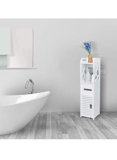Small Bathroom Storage Corner Floor Cabinet with Doors and Shelves Thin Toilet Vanity Cabinet Narrow Bath Sink Organizer Towel Storage Shelf For Paper Holder White