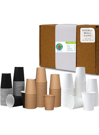 Terraspoon 150 Assorted Double Wall 8 Oz Paper cups [50 White - 50 Black - 50 Brown] With 50 Pcs Individually Wrapped Wooden Stirrers, for Hot and Cold Drinks,Eco-Friendly,100% Recyclable - Box Pack