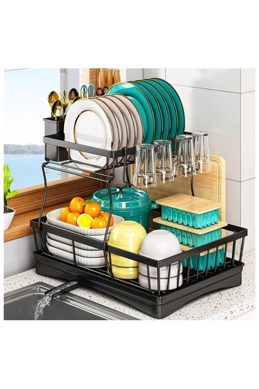 Tier Dish Drainer Rack - Dish Rack with Utensil Holder for Kitchen Counter, Large Capacity Space-Saving Dish Drying Rack with Draining Board, Black