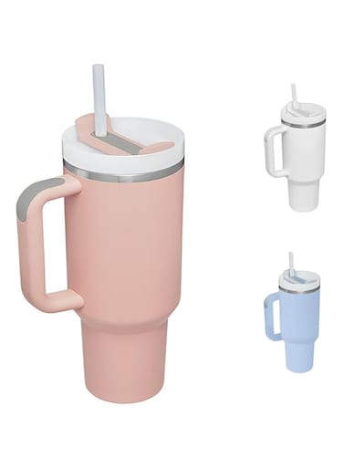 OZORI 40oz Thermal Mug with Straw, Double-Walled Vacuum Insulated Car Mug, Travel Mug With Handle And Straw, For Iced Coffee, Hot or Cold Tea and Beverage (pink)
