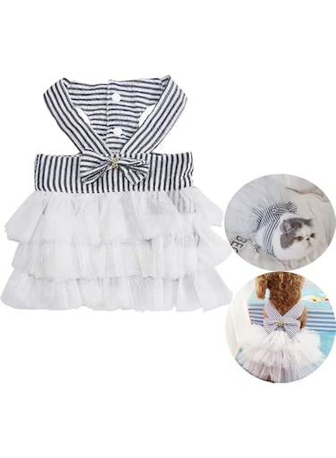 SYOSI Pet Dog Dresses, Striped Mesh Puppy Dog Vest Tutu Princess Dress Skirt with Bowknot for Small Breed Dogs Cats Doggy Apparel Supplies (Large)