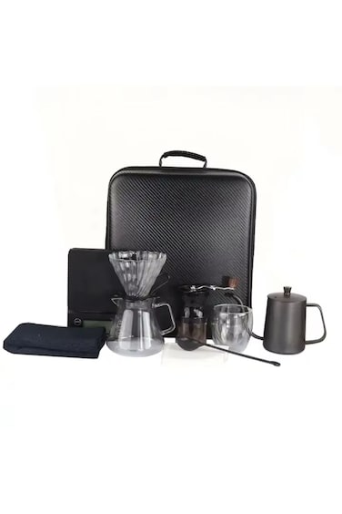 Portable Pour Over Coffee Maker Travel Kit with Carrying Case, Manual Grinder, Glass Server, Black