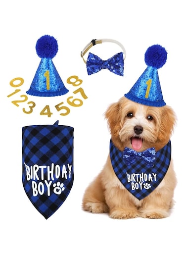 Pet Dog Birthday Party Supplies, Party Decorations Including Cake Inserts, Triangle Scarves, Clothes, Shirts, Cute Dog Birthday Hats, Bow Ties and Ties for Puppy Birthday Party Costumes (Blue)
