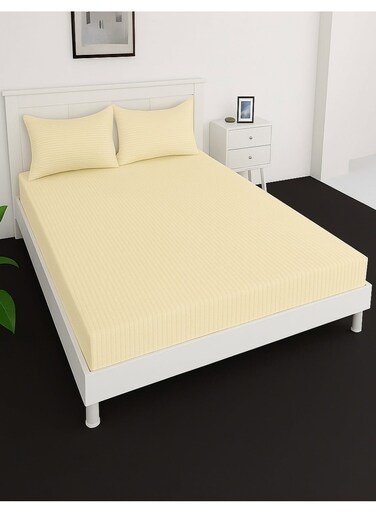 Deep Fitted Bed Sheet +2Pcs Pillow Covers, King/Queen/Double/Single Sizes, Color Cream, Depth 30cm