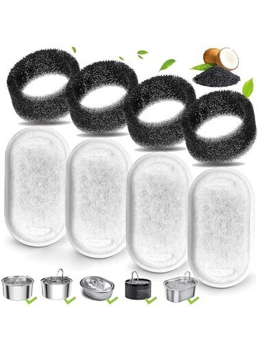 BananaHome Cat Water Fountain Filters for Stainless Steel 108oz/3.2L &amp; 67oz/2L Adjustable Water Flow Pet Fountain, Dog 4 Pack Pet Replacement Filters with 4 Sponges (A, 4+4 pack)