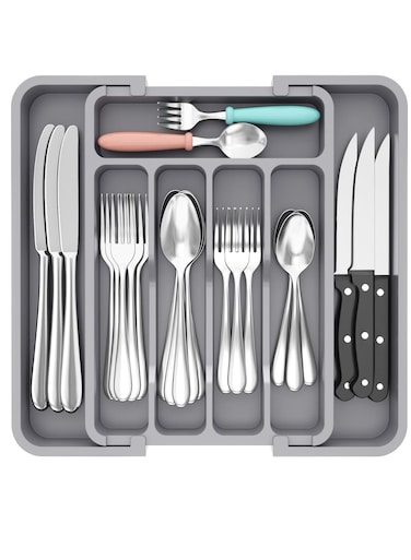 Drawer Organizer, Expandable BPA Free Utensil Tray for Kitchen,Adjustable Flatware and Cutlery Holder for Spoons Forks Knives,Plastic Kitchen Organizers and Storage-Gray