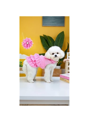 Sweet seven Cat Dog Tutu Dress - Cute Birthday Bowtie Ruffle Princess Camisole Cake Sundress with Fabric Flower Clip (Small, Pink)
