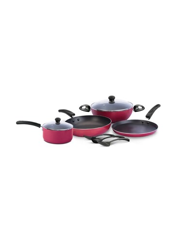 Nonstick Cookware Set 9PCS (KUK 9)   High-Grade Nonstick Coating   Dishwasher Safe   Alkali &amp; Water Resistant   Heat-Resistant Exterior   Acid-Proof   Uniform Heat Distribution   Includes Kadai, Tawa, Fry Pan, Milk Pan, Glass Lid &amp; Spatulas