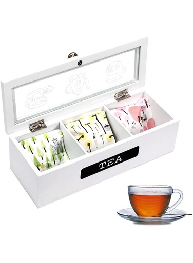 Oasisgalore Tea Bag Organizer,White Wood 3 Compartment Tea Bag Organizer,Tea Holder Organizer,Tea Box Storage Box,Tea Box Organizer for Organizer and Display Tea Bags