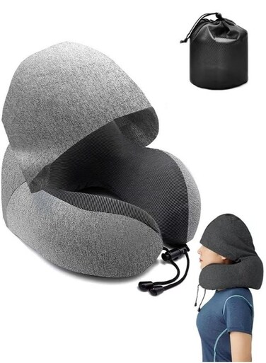 Pillow With Cap Travel Storage Portable Memory Cotton Hooded Multifunctional Neck Pillow Neck Cushion Airplane Nap Travel Sleep (Light Grey)