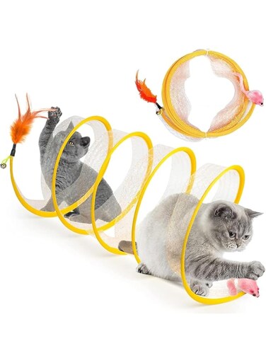 Folding Cat Tunnel for indoor cats, Sports cat Spring Tunnel with feather Mouse Toys, Cat tent Play Tunnel with interactive toys (yellow)
